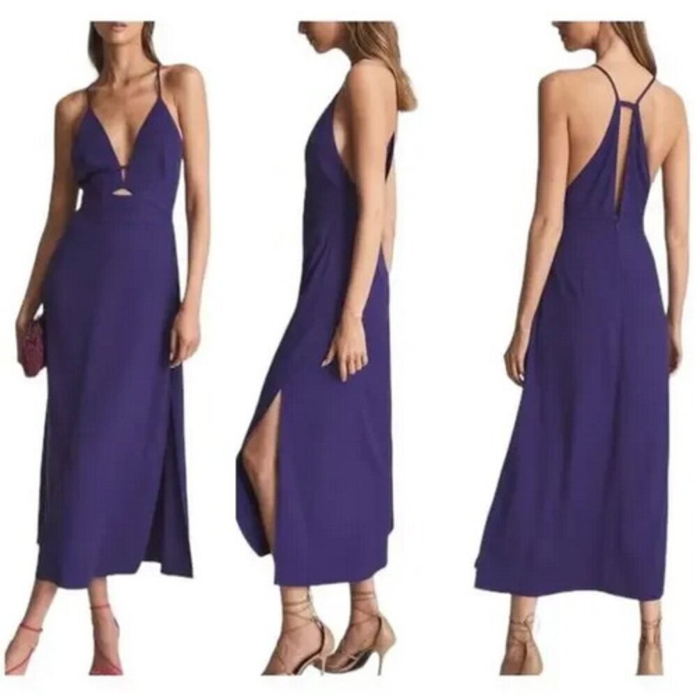 Reiss Purple Plunge Neck Cutout Midi Dress